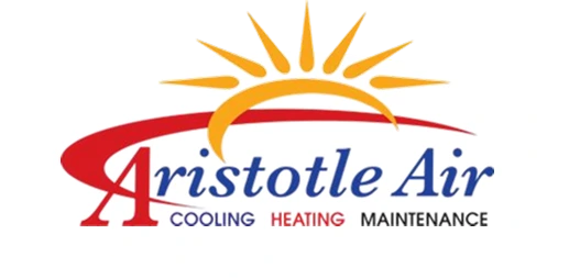 Aristotle Air logo with a red and blue text, a yellow sun graphic, and the words "Cooling," "Heating," and "Maintenance" underneath.