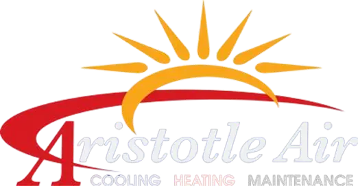 Logo for "Aristotle Air" featuring a red letter "A," a stylized yellow sun, and the words "Cooling," "Heating," and "Maintenance" in light text.
