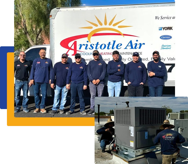 A group of seven men in matching Aristotle Air shirts stand in front of a company truck; inset shows two technicians servicing a rooftop HVAC unit.