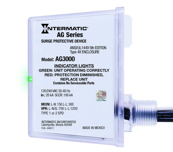 Intermatic AG Series AG3000 surge protective device with indicator lights, model information, and wiring details printed on front label; a green light is illuminated.