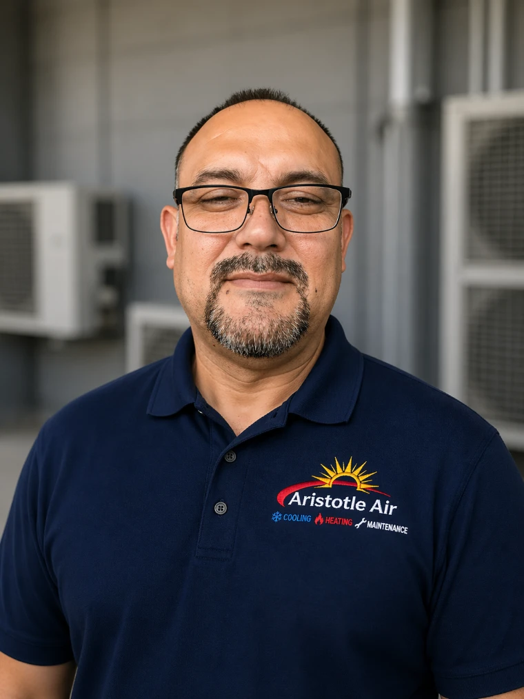 A man wearing glasses and a navy blue Aristotle Air polo shirt stands indoors in front of air conditioning units.