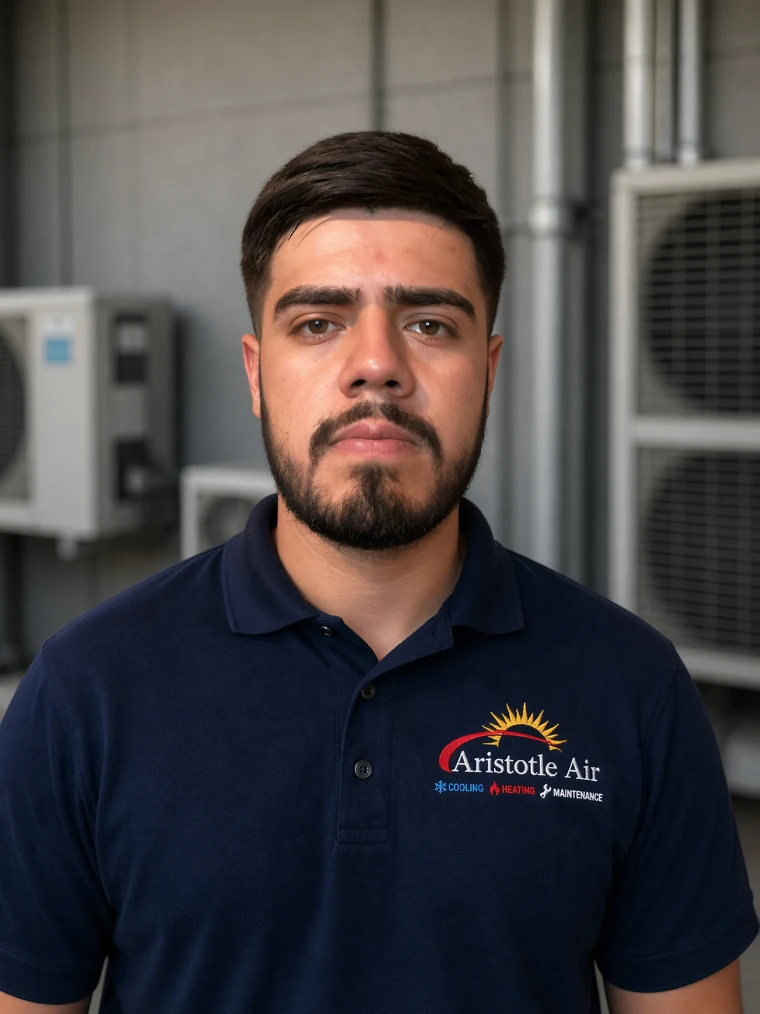 A man with a beard wearing a navy blue Aristotle Air polo shirt stands indoors in front of HVAC units.