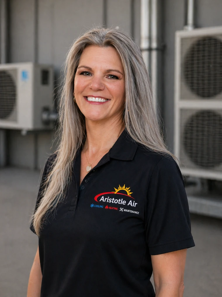 A woman with long gray hair wearing a black Aristotle Air polo shirt stands outside in front of HVAC units, smiling at the camera.