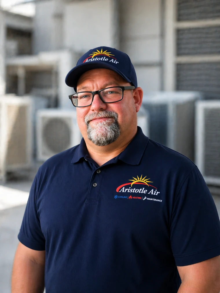 A man wearing glasses, a cap, and a navy blue "Aristotle Air" uniform stands in front of HVAC units outdoors.