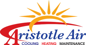 Logo for "Aristotle Air" featuring a stylized red "A," a yellow and orange sun graphic, and text reading "COOLING," "HEATING," and "MAINTENANCE.