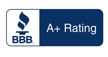 Better Business Bureau logo with "A+ Rating" text on a blue background.