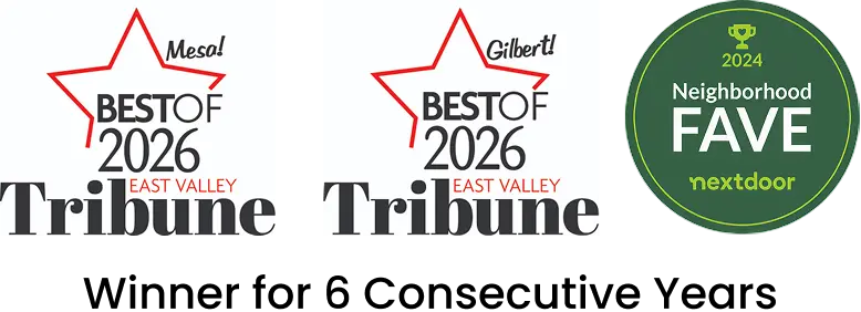 Logos for "Best of 2026 East Valley Tribune" in Mesa and Gilbert, and a green "2024 Neighborhood Fave" award from Nextdoor.