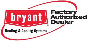 The logo displays "bryant heating & cooling systems" in red with "Factory Authorized Dealer" in black text and a red oval swoosh in the background.