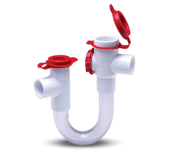 White U-shaped plastic pipe fitting with two red-capped vertical openings and one horizontal side opening, used for plumbing applications.