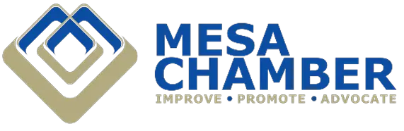 Mesa Chamber of Commerce logo with interlocking diamond shapes on the left and the words “Mesa Chamber Improve • Promote • Advocate” on the right.