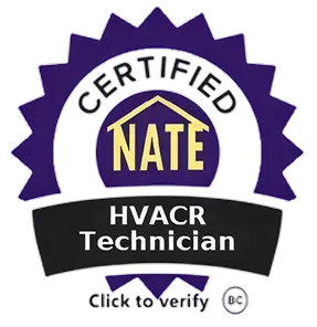 A circular badge with a purple gear outline, the text "CERTIFIED NATE HVACR Technician" and a house icon, indicating certification.