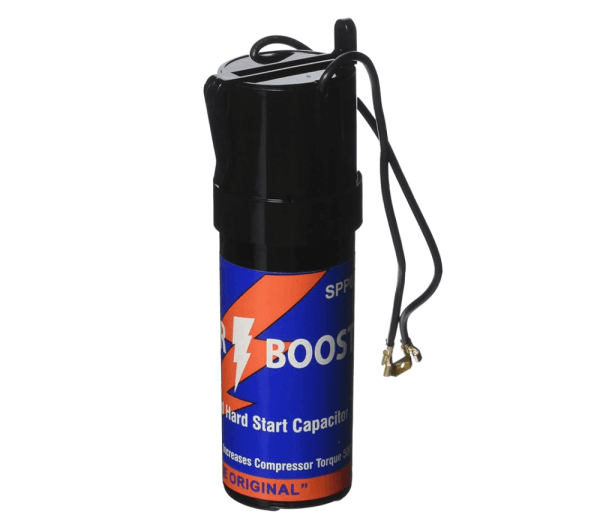 A cylindrical hard start capacitor with attached wires and a blue, red, and black label displaying the word “BOOST” and a lightning bolt graphic.