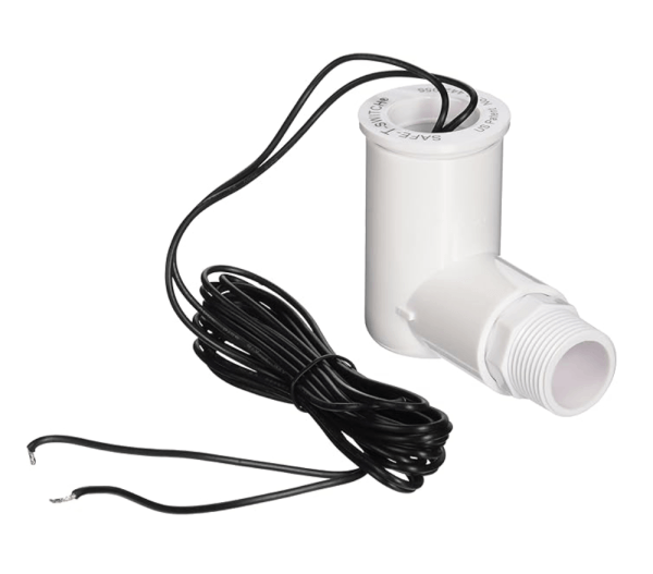 White plastic valve with a cylindrical body, threaded male fitting, and two attached black wires for electrical connection, coiled on a white background.